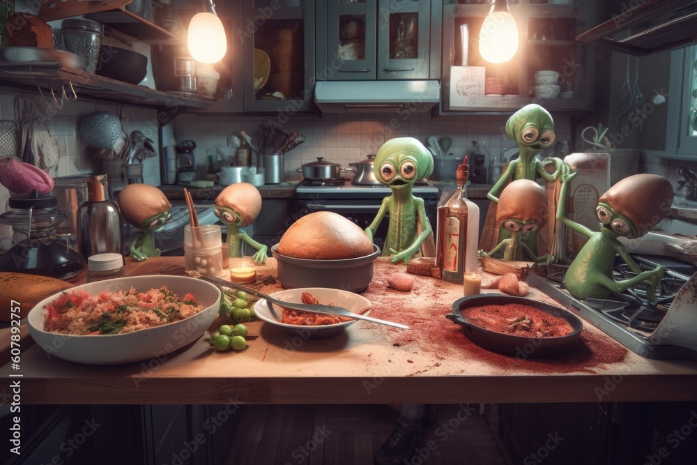 Wall mural family of aliens are preparing dinner together, with ingredients and cooking utensils scattered across the countertop, created with generative ai