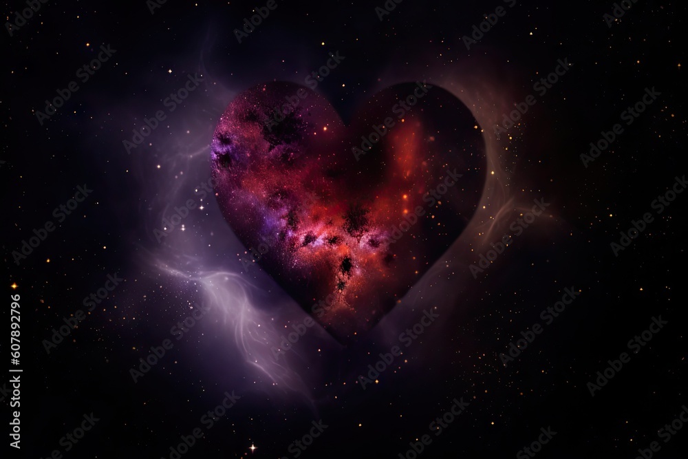 Wall mural heart-shaped nebula with stars and planets in the background, created with generative ai