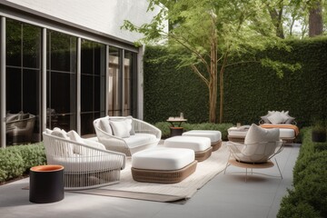 modern outdoor seating arrangement with lounge chairs and ottoman, created with generative ai