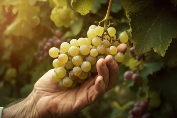 Farmers hands holding white grapes  Generative AI - obrazy, fototapety, plakaty