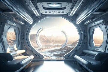 Concept art illustration of sci-fi futuristic interior of space station, Generative AI