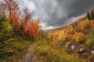 Fototapeta premium autumn forest hike with colorful foliage and misty clouds in the sky, created with generative ai