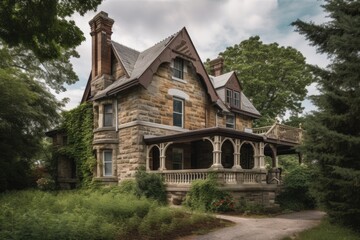 Fototapeta premium a beautifully restored victorian house with a smoke-free chimney and stone fireplace, created with generative ai
