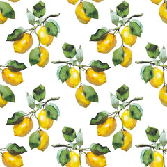 Seamless watercolor pattern with  lemons with green leaves and pink flowers on white background. Hand drawn aquarelle citrus arrangement