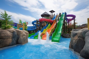 water slide with cascading waterfall at water park, created with generative ai