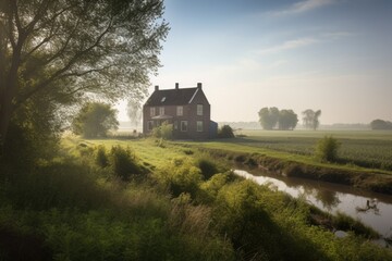 Obraz premium farmhouse surrounded by fields of crops, with waterway in the distance, created with generative ai