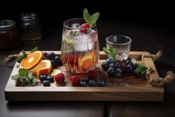 hand-crafted cocktail with fresh fruits and herbs on a slate or wooden tray, created with generative ai