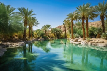 Fototapeta na wymiar oasis with palm trees and crystal clear water surrounded by desert landscape, created with generative ai