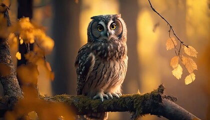 Beautiful owl perched on a branch in the forest at sunrise