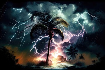 tropical cyclone, with lightning flashes and rain in the background, created with generative ai