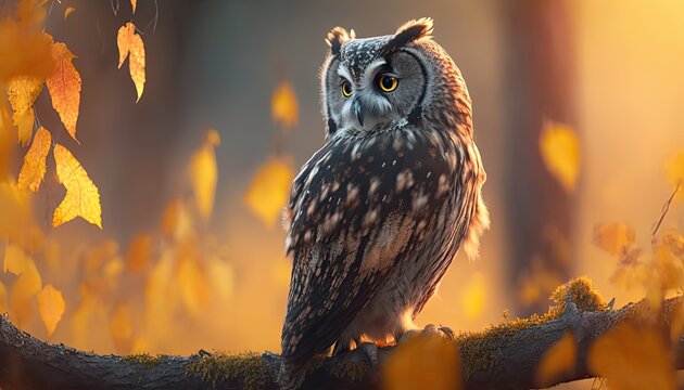 Beautiful owl perched on a branch in the forest at sunrise, 
