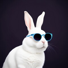 White rabbit with trendy sunglasses on a black background , AI-Generated image