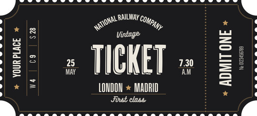 Train vintage ticket template on a dark background with golden accents. For excursion routes, retro parties, clubs and other projects. Just add your own text. Vector, can be used for printing. 