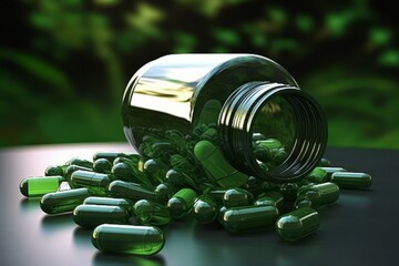 Bottle of chlorophyll capsules and accompanying herbal supplements, illustrating the availability and benefits of chlorophyll as a dietary supplement. Generative Ai - obrazy, fototapety, plakaty