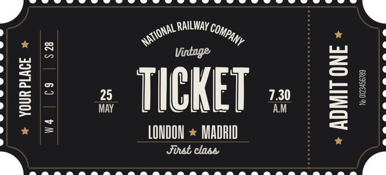 Train vintage ticket template on dark background witj golden accents. For excursion routes, retro parties and clubs and other projects. Just add your own text. Vector. can be used for printing. 