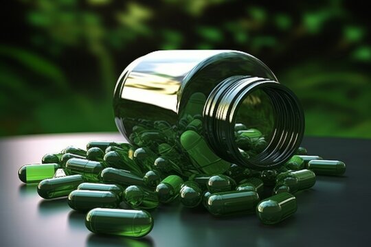 Bottle of chlorophyll capsules and accompanying herbal supplements, illustrating the availability and benefits of chlorophyll as a dietary supplement. Generative Ai