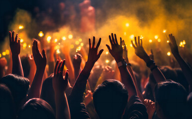 Plakat audience with their hands out and light beams behind them at an open air concert