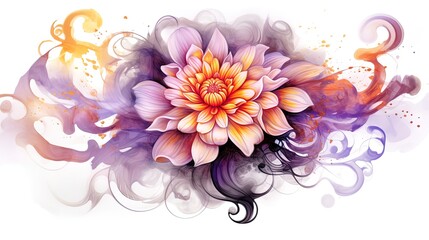 Obraz premium Dahlia in violet, purple and orange on white background, elegant and luxury flower illustration for card. With swirls and ornaments. Generative AI.