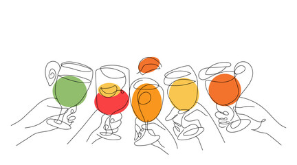 Friendly get-togethers. Friends hands holding drinks. Celebration, greeting or drinking toasts for friendship. Cheers. Line art graphic flat vector illustration isolated on white background