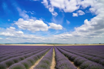 Fototapeta na wymiar sea of lavender fields, with blue sky and fluffy clouds in the background, created with generative ai