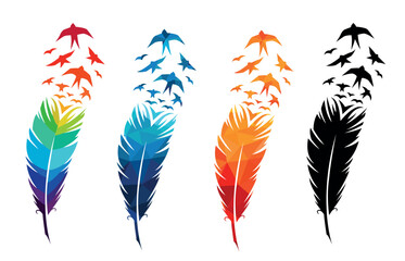 Print art concept colorful design tattoo black feather flying birds swallows silhouette. Vector illustration fly magical pen writer writing	