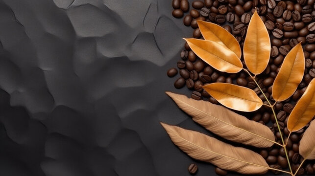 Coffee commercial background of coffee beans and golden leaves, on a dark background. AI generative