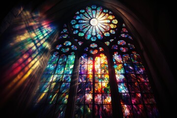 light shining through a stained glass window, creating dazzling display of colors, created with generative ai