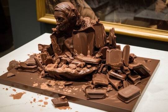 chocolate sculpture of famous painting, with pieces of broken chocolate representing missing details, created with generative ai