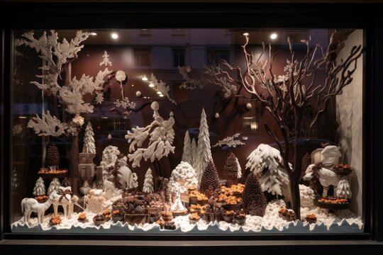 Window Display With Chocolate Sculptures And Holiday Decorations, Created With Generative Ai