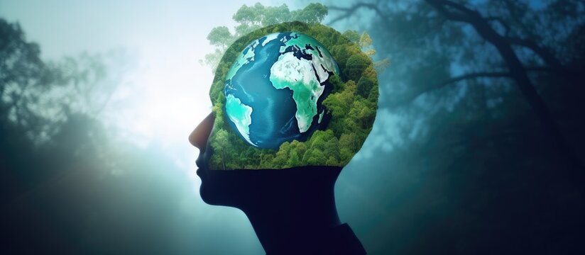 Person head silhouette with planet earth map and vegetation. Generative AI