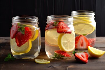Fototapeta na wymiar scented water with fresh lemon and strawberry slices, created with generative ai