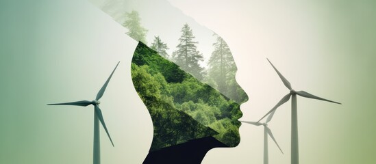 Person head silhouette with nature and windmills.