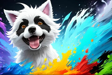 white dog painting using paint splatter effect with many colors