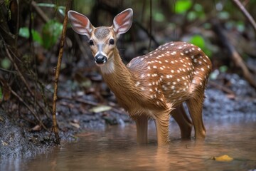 newborn fawn cautiously exploring its surrounding for the very first time, created with generative ai