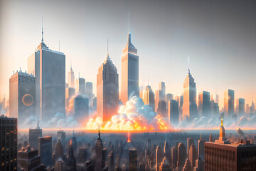 Illustration of a giant nuclear explosion in a large modern city. Generative A