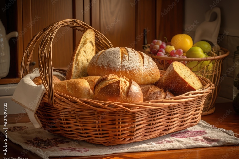 Wall mural basket of fresh breads, ready for toast and butter, created with generative ai - Wall murals