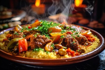 traditional Moroccan couscous dish with slow-cooked vegetables, lamb, and a flavorful sauce - obrazy, fototapety, plakaty