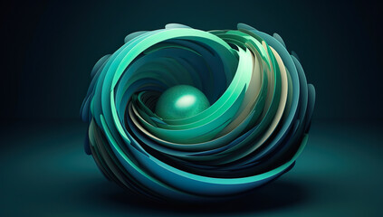 3D illustration of an abstract geometric composition with green and blue colors. Generative AI