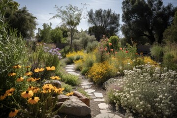 drought-tolerant and native plant garden with blooming flowers, created with generative ai