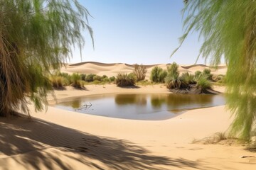 Obraz premium desert oasis with towering sand dunes in the background, created with generative ai
