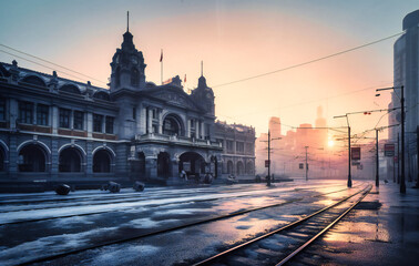 sunset on old shanghai's iconic hongkong station on a freezing cold day
