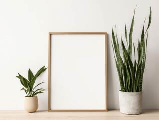 Wooden frame mockup in simple interior with trendy green snake plants on white wall background. AI generative