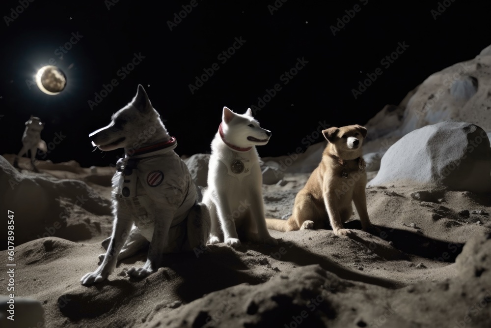 Canvas Prints feline and canine astronauts on the moon, surrounded by lunar surface, created with generative ai