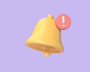 3d notification icon isolated on purple background. Social media element, new message, alert or alarm, reminder. new notification concept. 3d rendering illustration, cartoon style