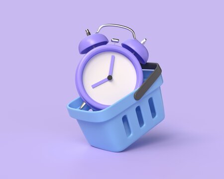 3d alarm clocks inside a shopping cart in cartoon style. time of shopping or sales. illustration isolated on purple background. 3d rendering