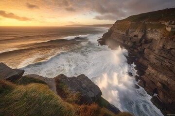 Obraz premium coastal cliff, with view of crashing waves and rolling tide, against sunset, created with generative ai