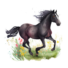 Watercolor painting of black horse on a transparent background (PNG). Generative AI.