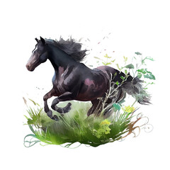 Watercolor painting of black horse on a transparent background (PNG). Generative AI.