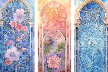 Delicate floral motifs inspired by Islamic architecture, painted with soft pastel watercolors Generative AI