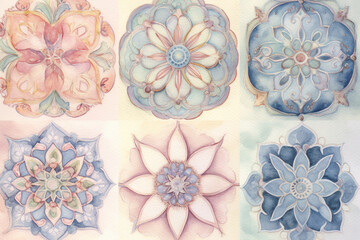 Delicate floral motifs inspired by Islamic architecture, painted with soft pastel watercolors Generative AI